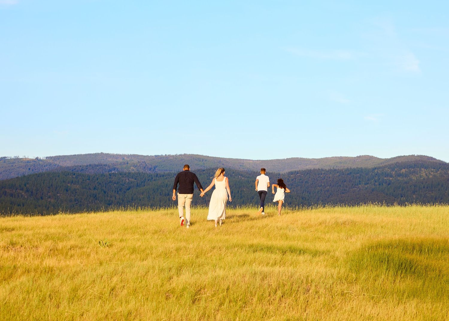 Family of four holding hands walking through golden meadow with mountain and forest panorama.