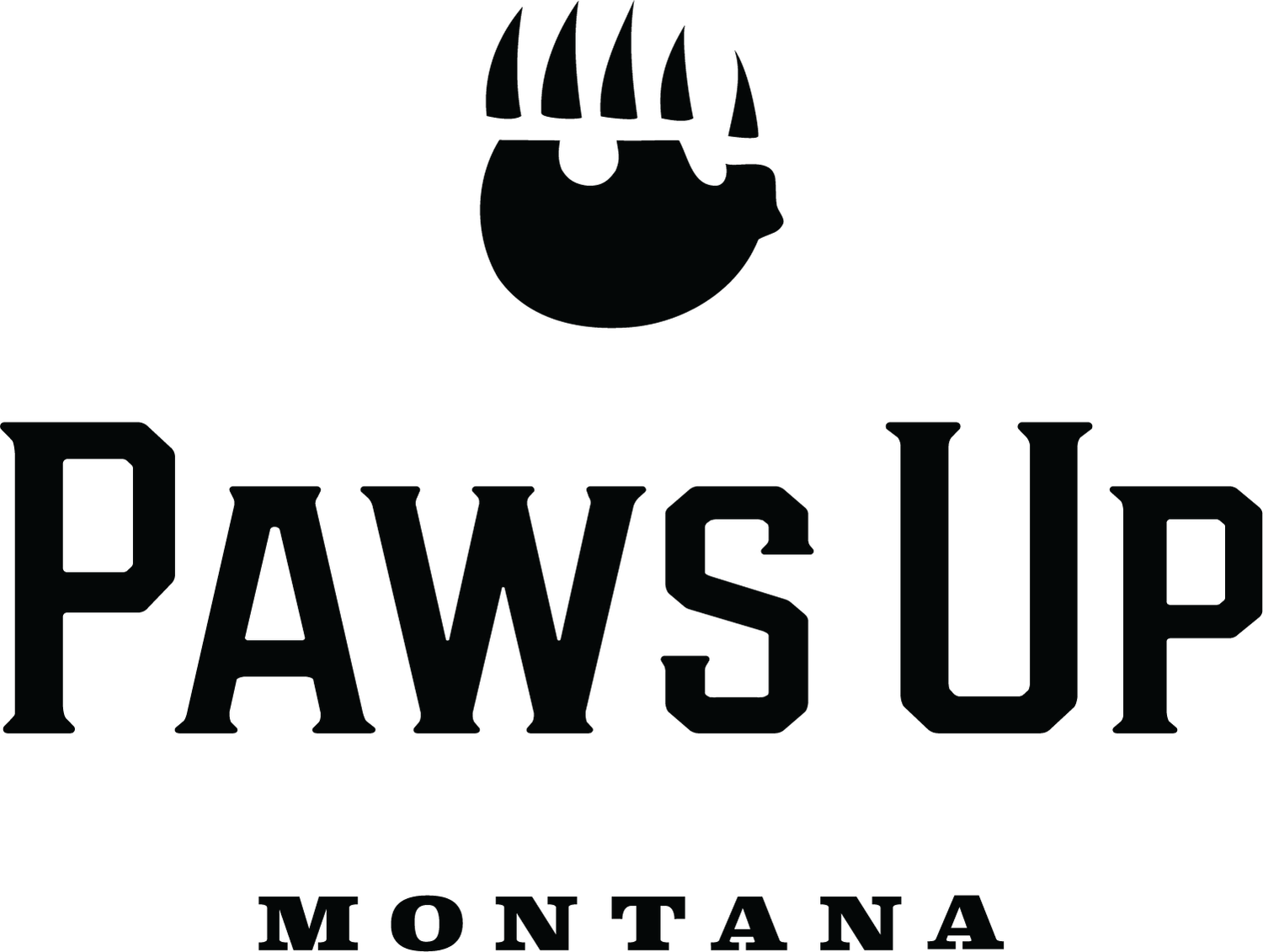 Paws Up Montana black logo featuring bear paw print icon above bold serif text lettering.