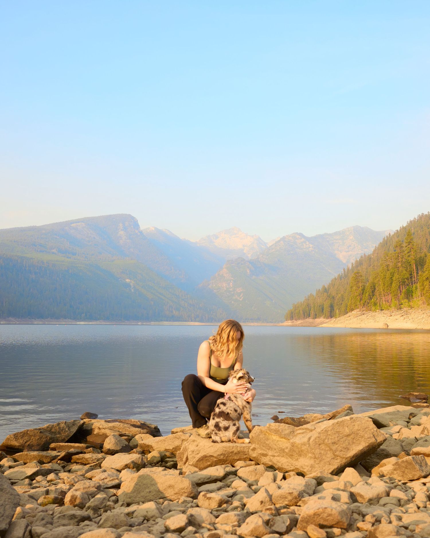 Woman sitting on rocky shore with dog, scenic mountain lake and forest backdrop on clear day.