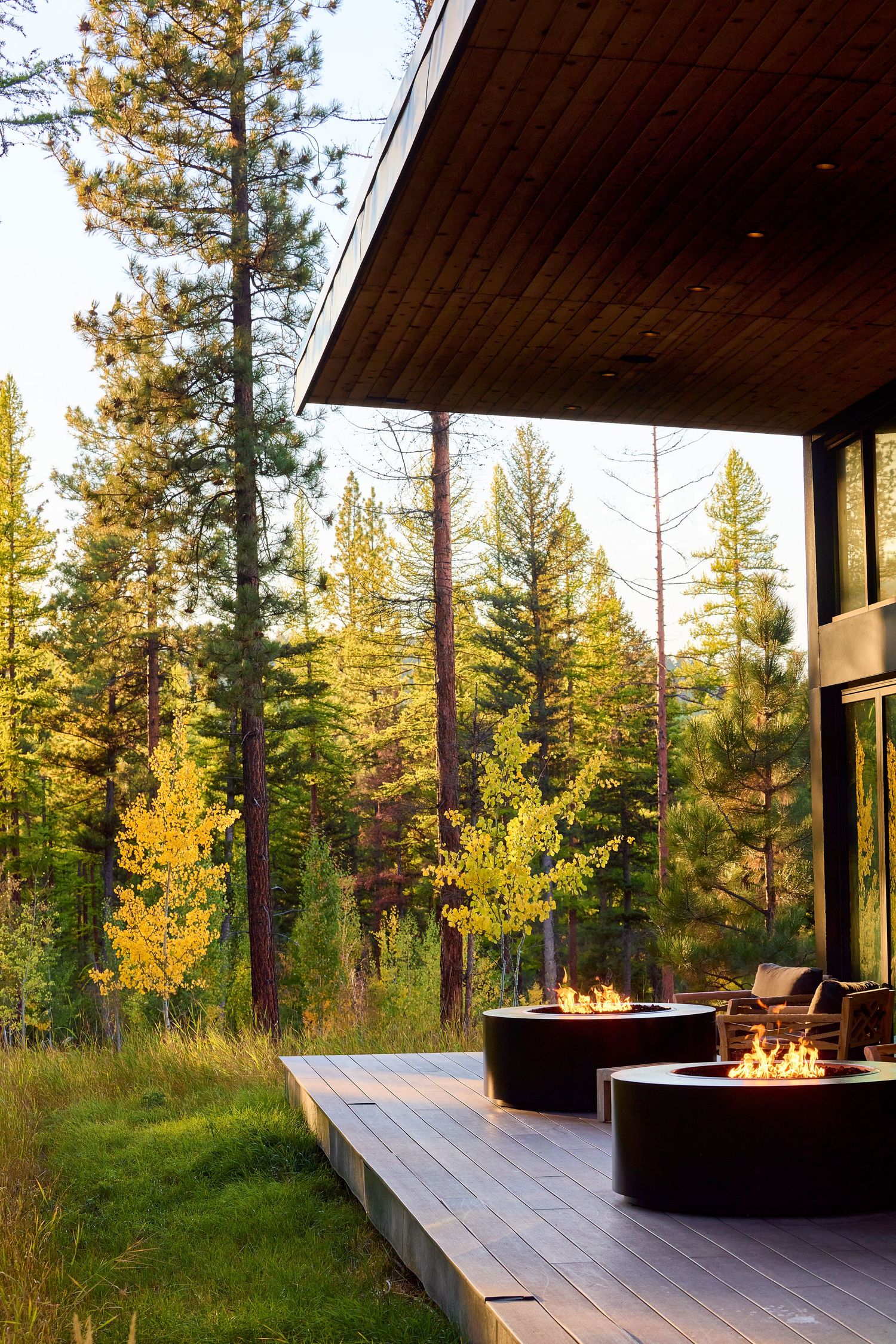 Modern lodge deck with circular fire pits surrounded by tall pine and golden aspen trees.