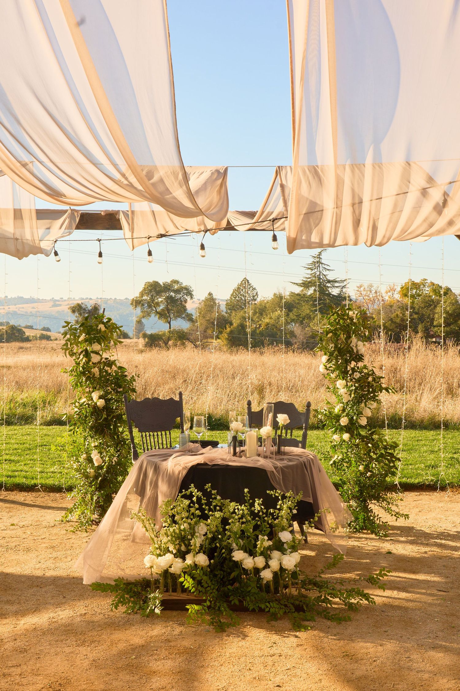 Elegant outdoor wedding sweetheart table adorned with white roses and greenery under a draped canopy with scenic field views.