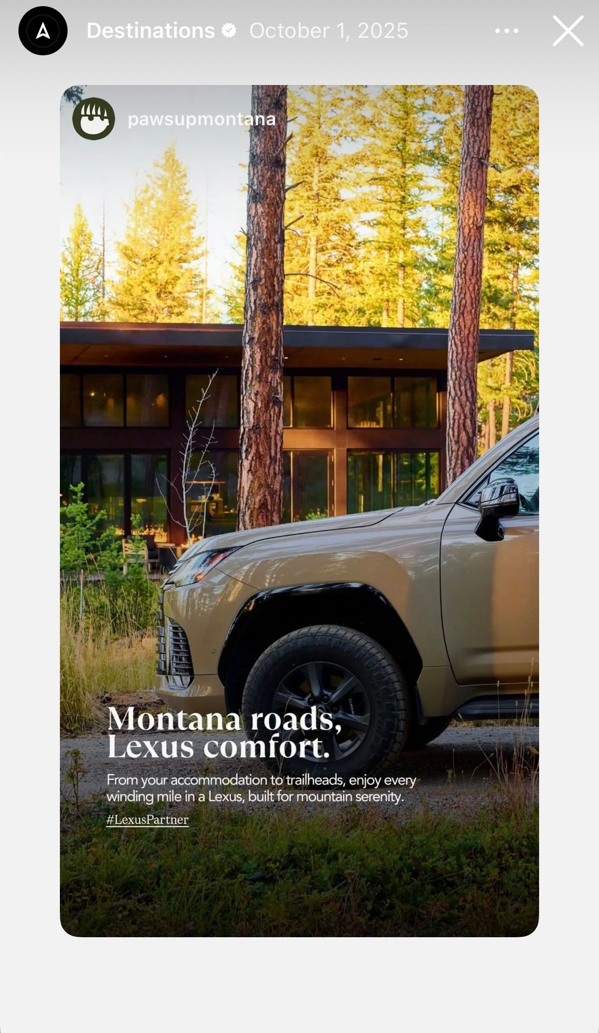 A tan Lexus SUV parked outside a modern Montana lodge surrounded by tall pine trees in golden autumn light.
