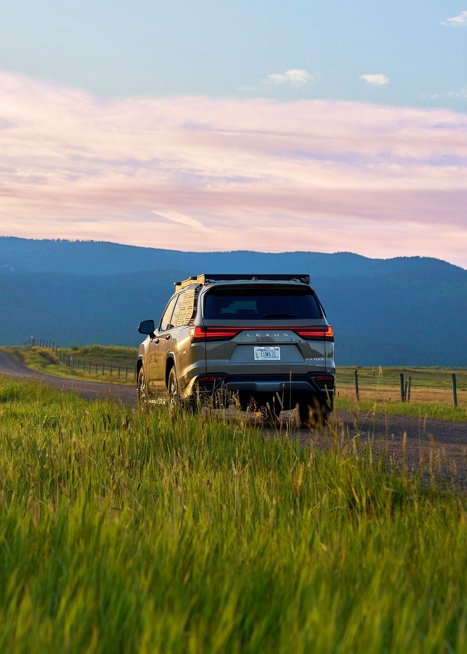 Rear view of gold Lexus LX SUV driving on rural gravel road through green meadow at colorful sunset.