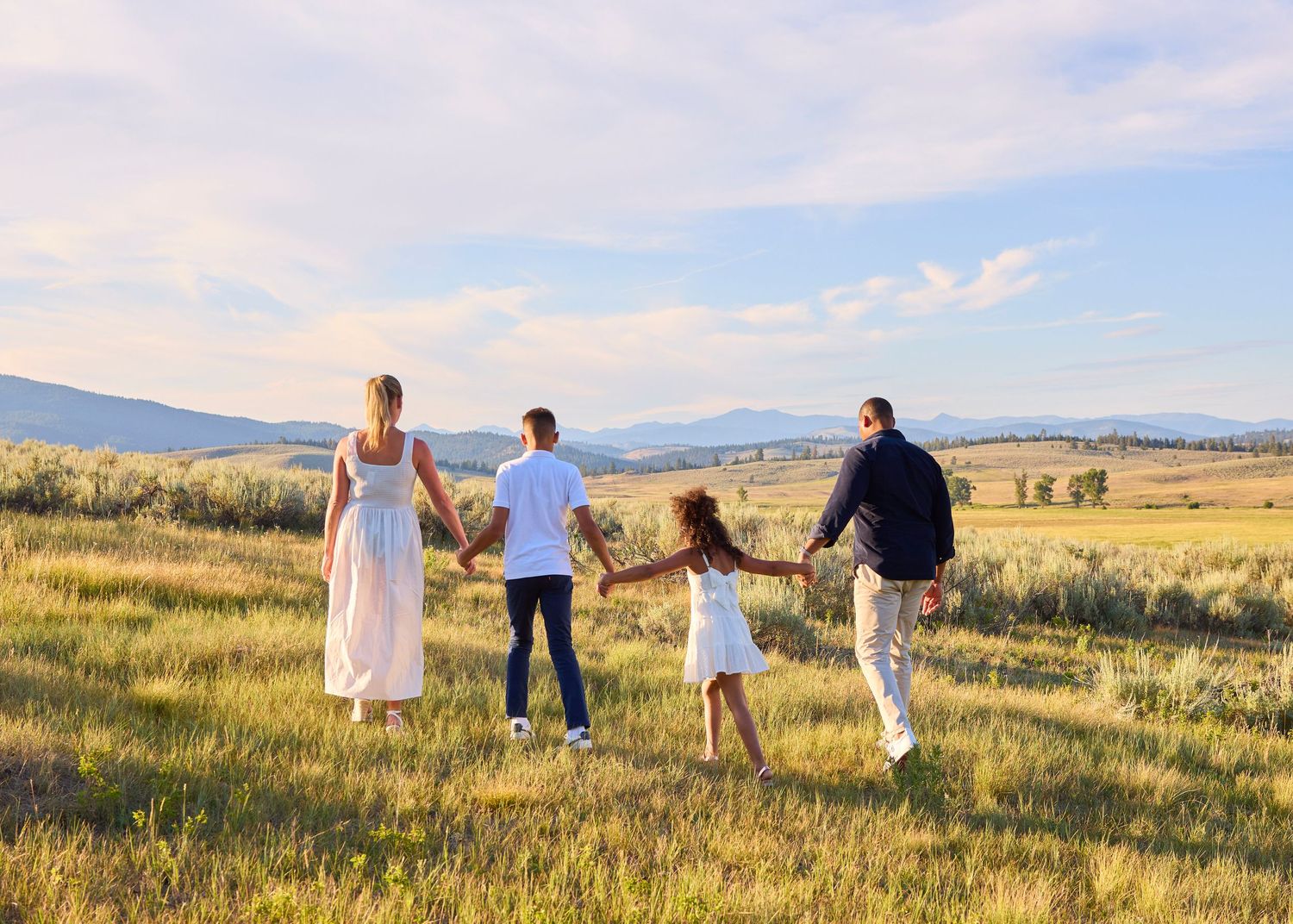 Family of four holding hands walking through a scenic meadow under a blue sky.