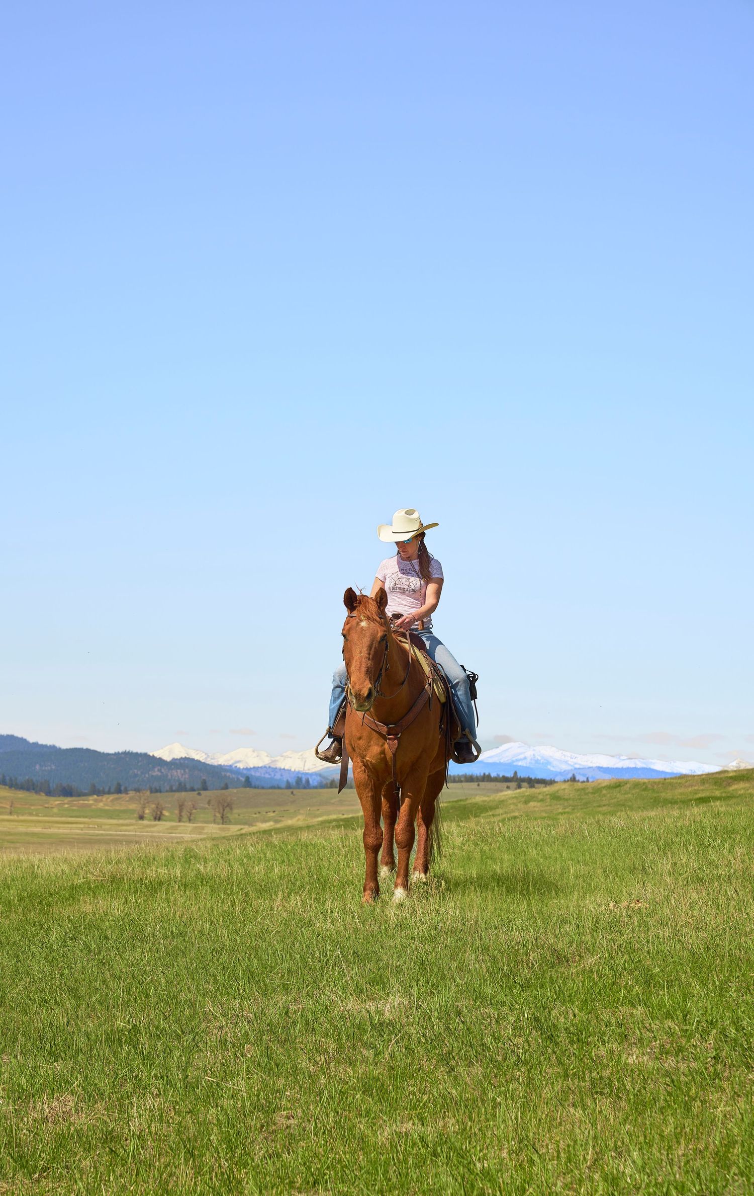 A woman in a cowboy hat rides a brown horse through an open green field under a clear blue sky.