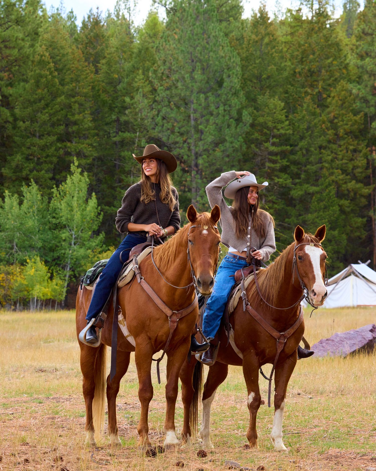 Two cowgirls in western hats ride chestnut horses across a meadow with pine forest backdrop.