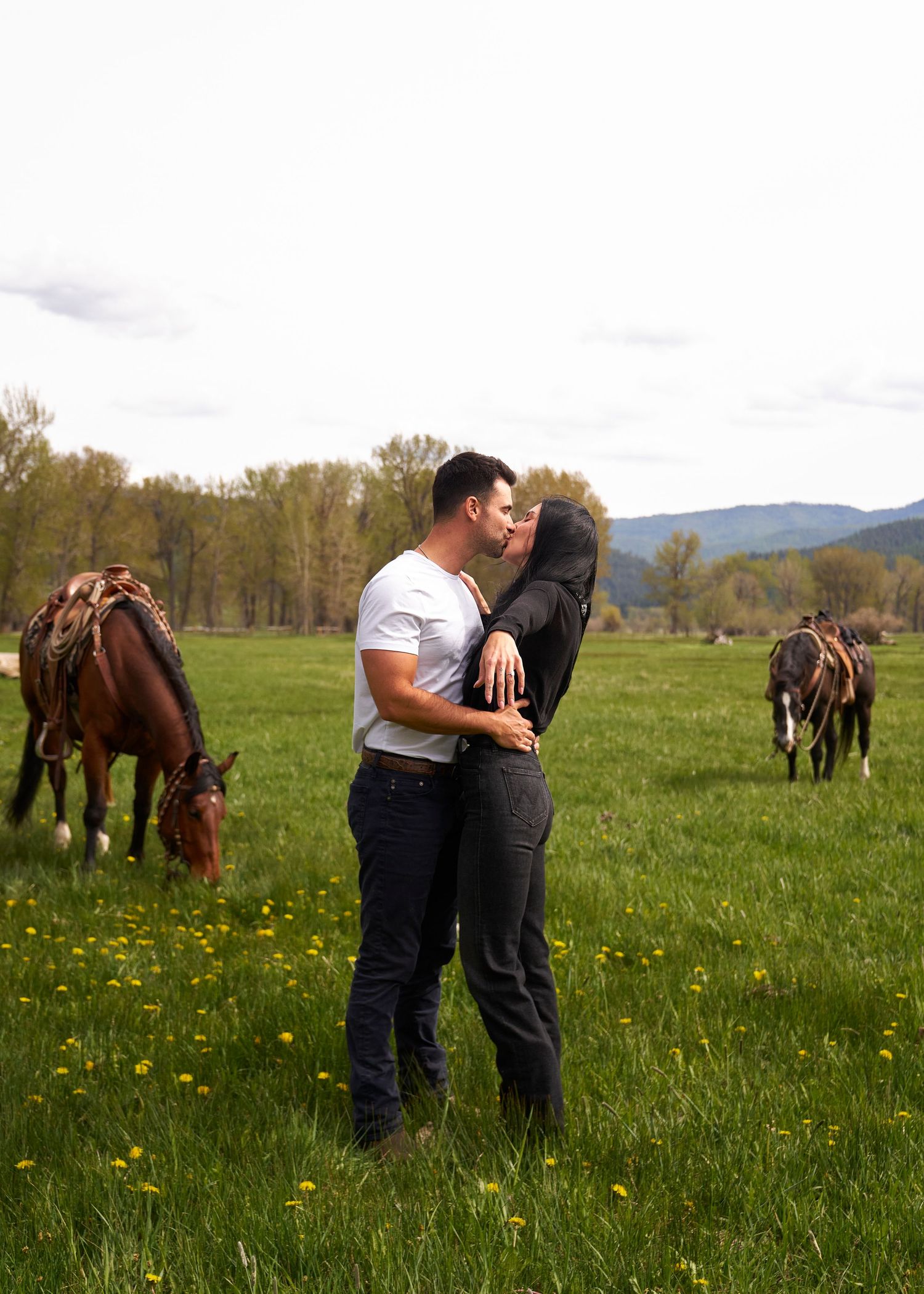 Couple kissing in green field surrounded by grazing horses.