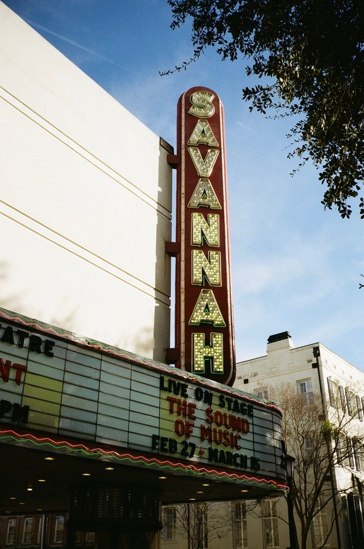 Savannah Theatre marquee sign advertising The Sound of Music live on stage.