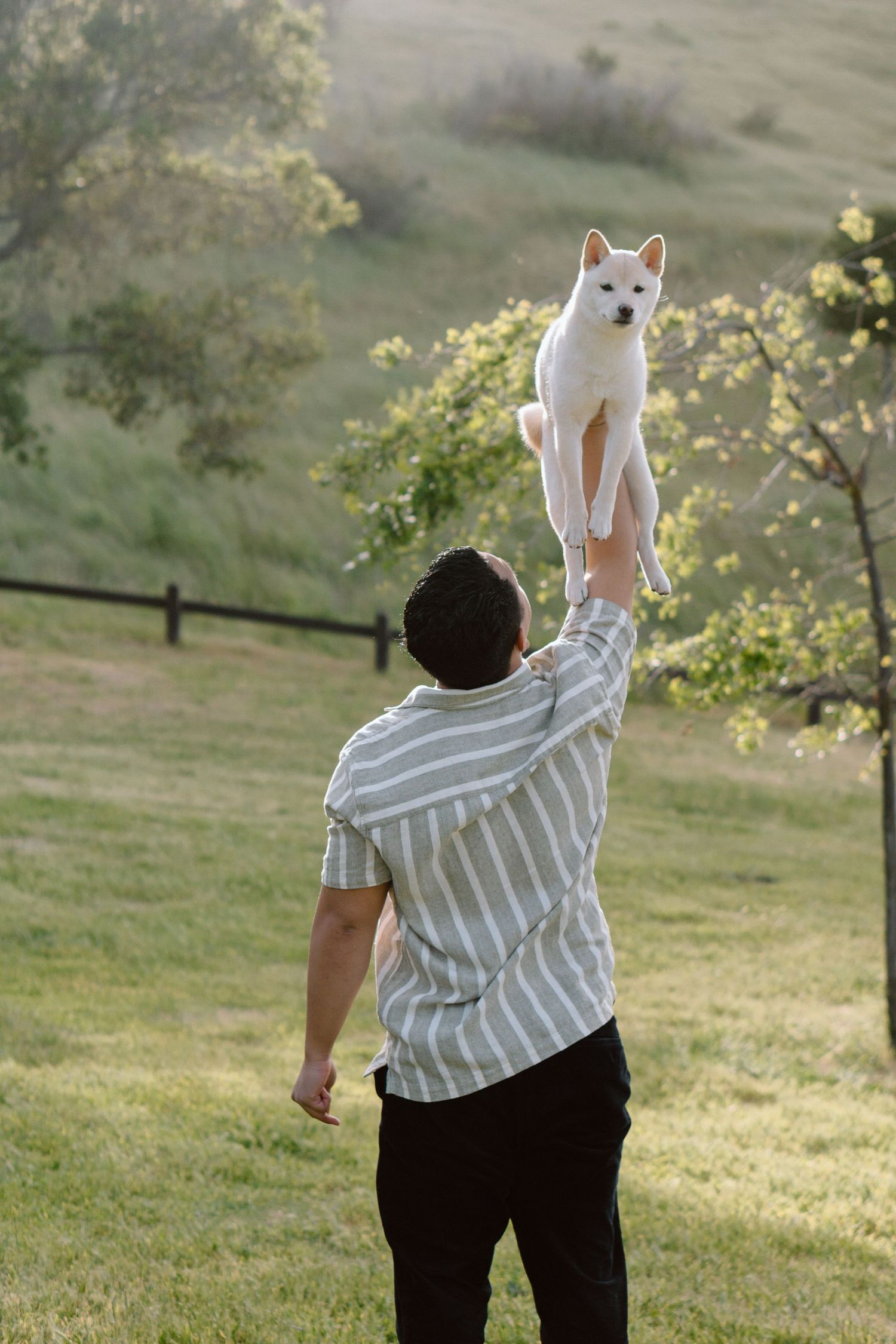 Lifestyle family portrait of dad holding small white dog