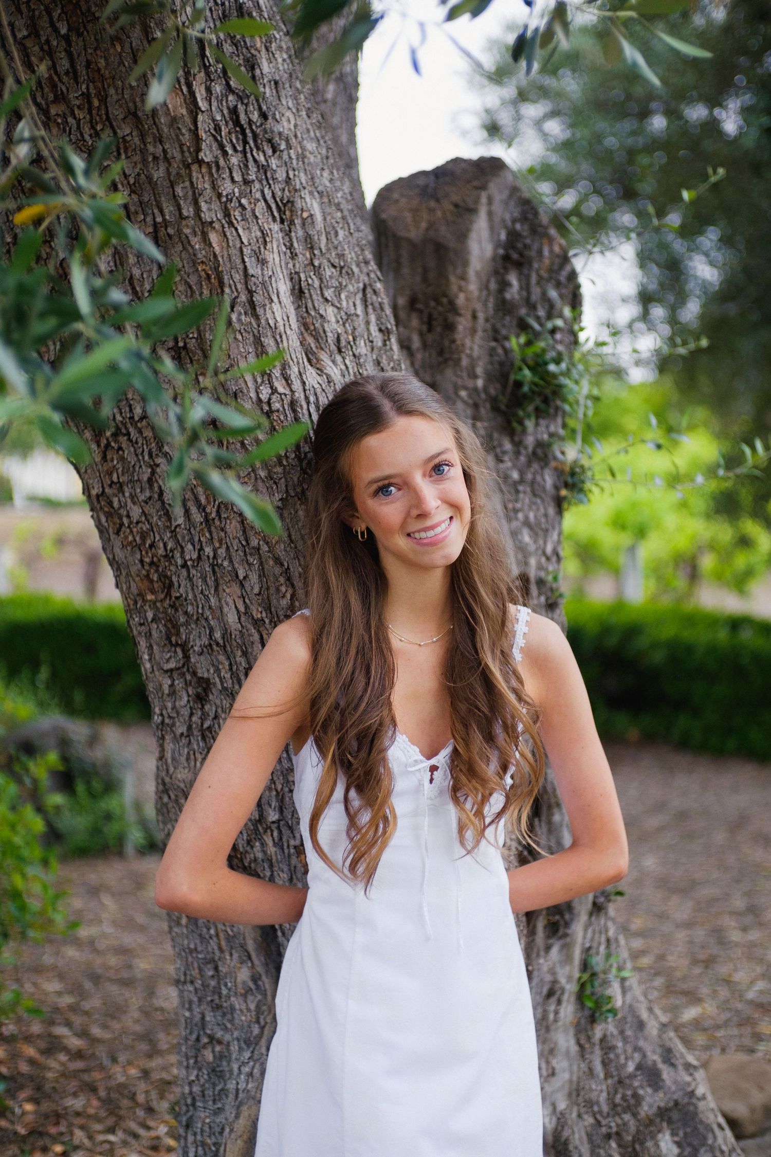 Senior portrait of a graduate in a white dress learning against a tree in San Jose