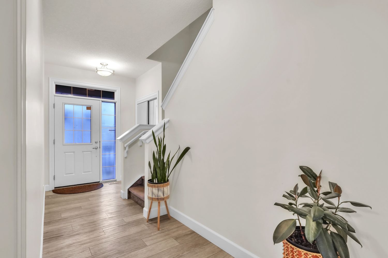 Bright entryway with white walls, light hardwood floors, staircase, and decorative potted plants.