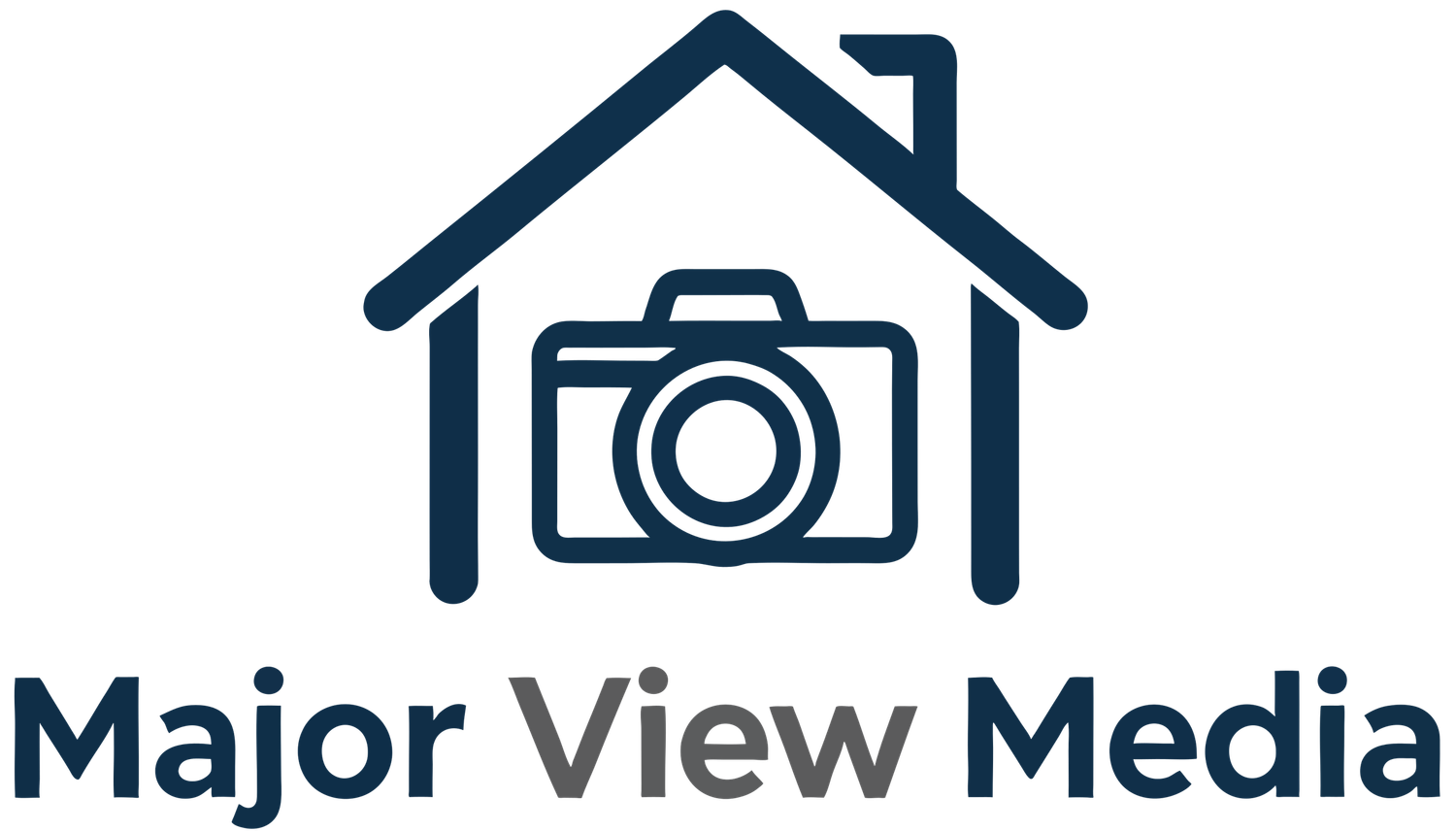 Major View Media logo featuring a dark navy house outline with a camera icon inside and bold company name text below.