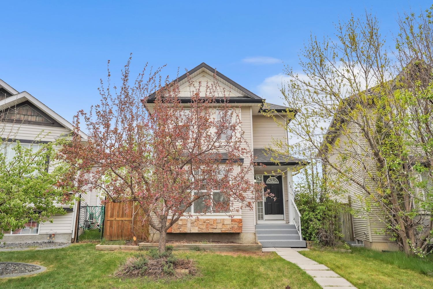 Charming two-story home with blooming red tree, wood fence, and lush green lawn on a sunny day.