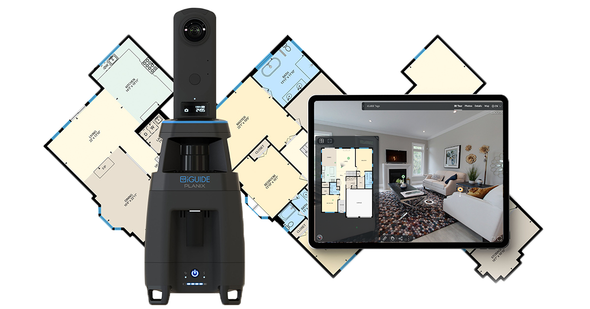 Matterport 3D camera scanner beside floor plan and tablet displaying virtual home tour interior.