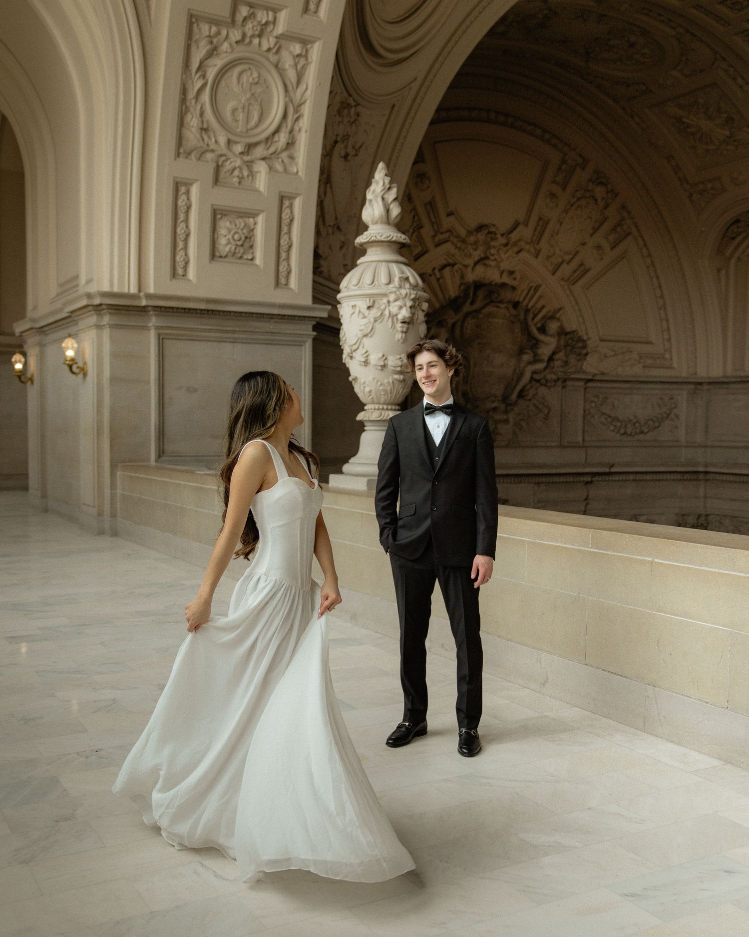 Romantic engagement session at San Francisco City Hall captured by an SF City Hall engagement photographer.