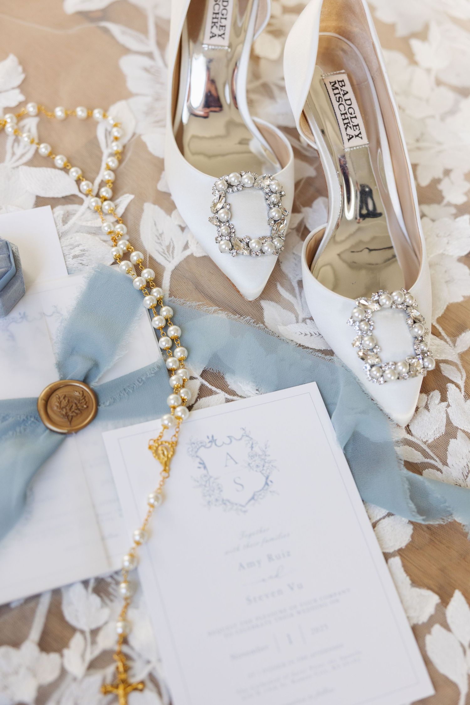 Kansas City Catholic Wedding Photographer Flat Lay with Rosary and Wedding Suite Invitation Cathedral of Kansas City Kansas