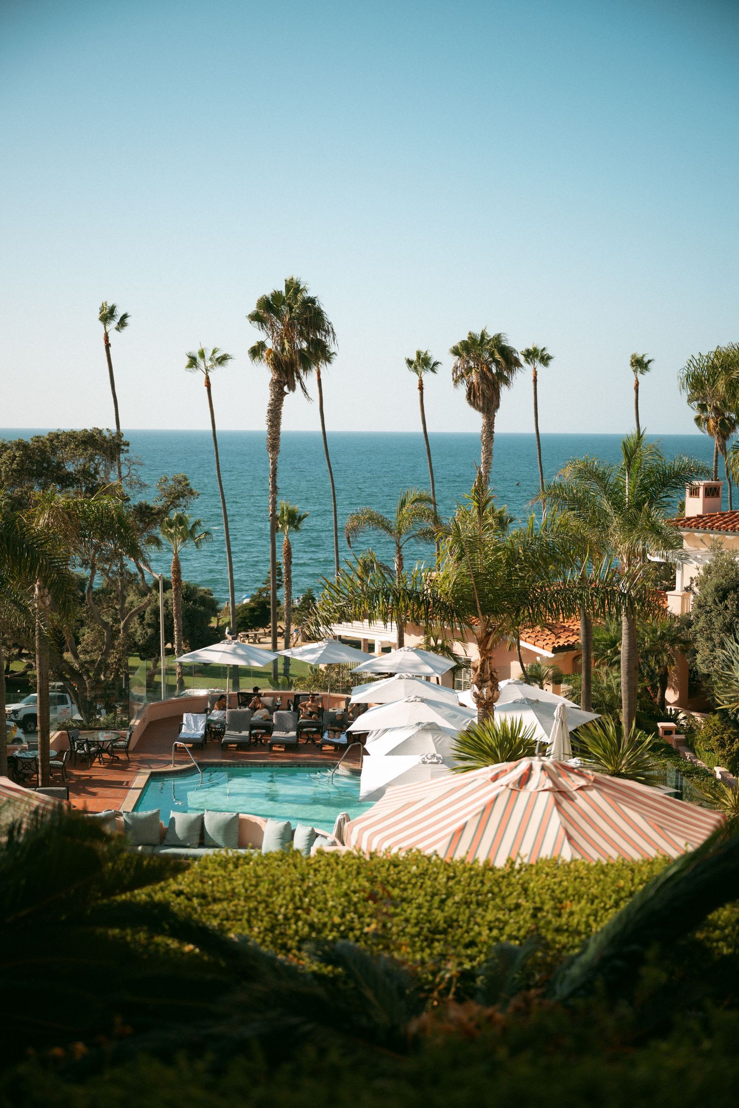 Luxury resort pool with striped umbrellas, palm trees, and ocean views under a clear blue sky.