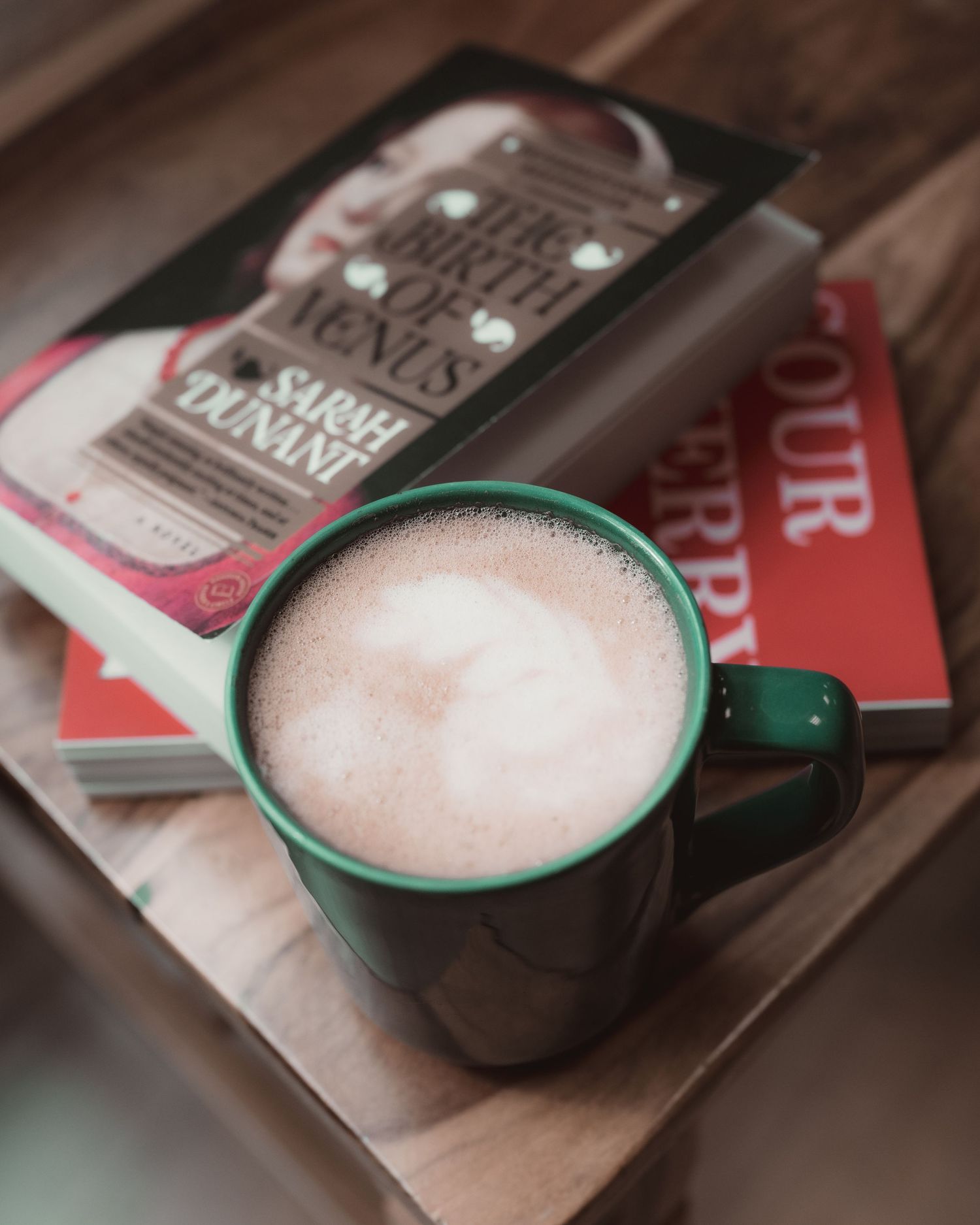 Coffee and books displayed inside BookPeople in Austin, Texas