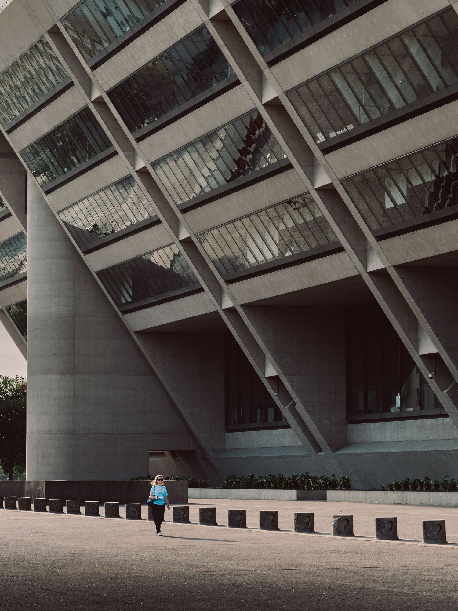 Brutalist architecture and inverted pyramid facade of Dallas City Hall in Dallas, Texas