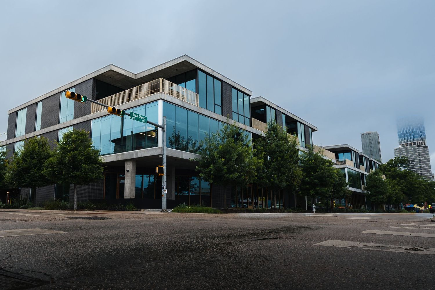 Street-level exterior view of the modern Chioco Design building in East Austin, Texas