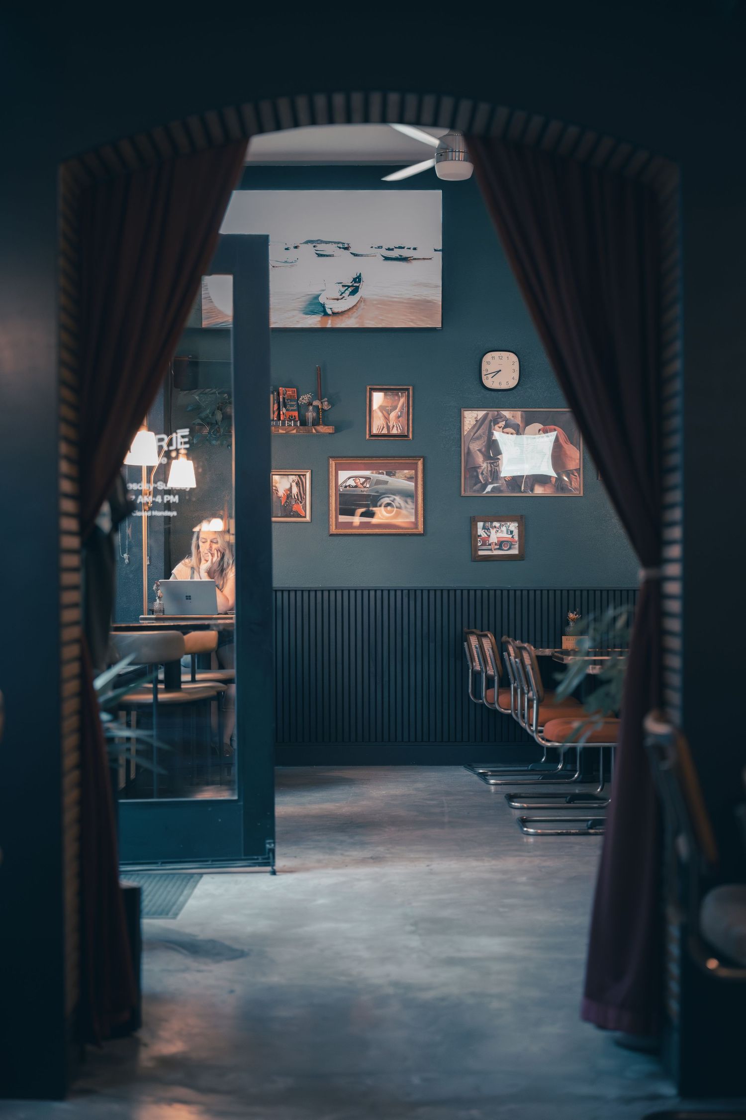 Moody interior seating and dining space at Klerje Coffee in East Austin