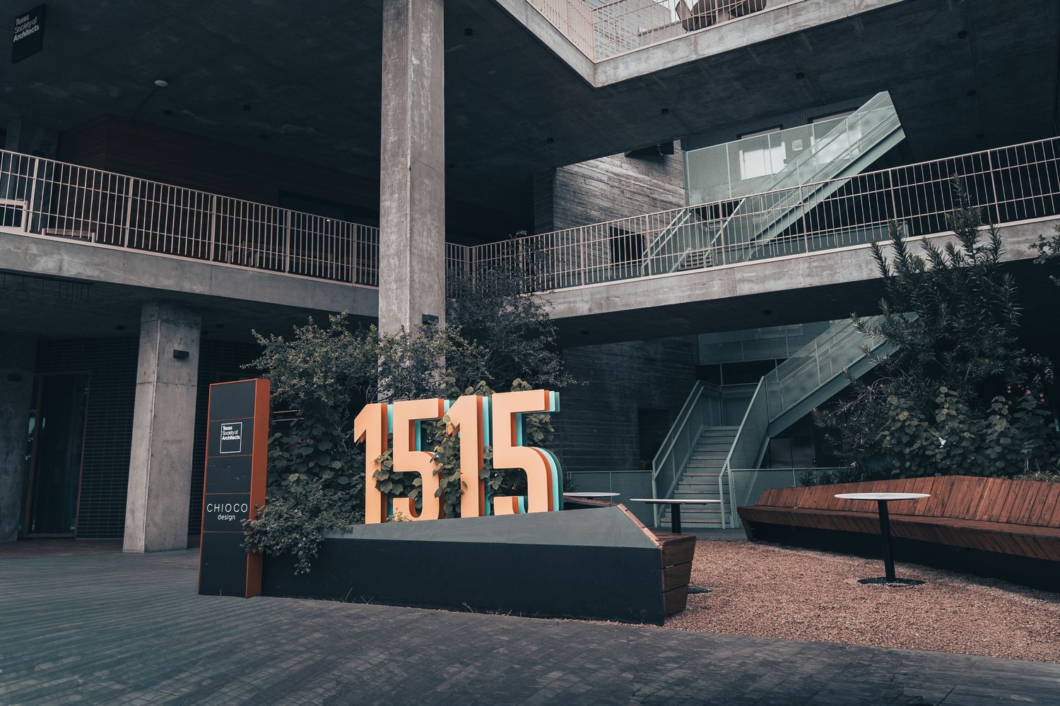 Courtyard and exterior architecture of the Chioco Design building at 1515 East Cesar Chavez in East Austin, Texas