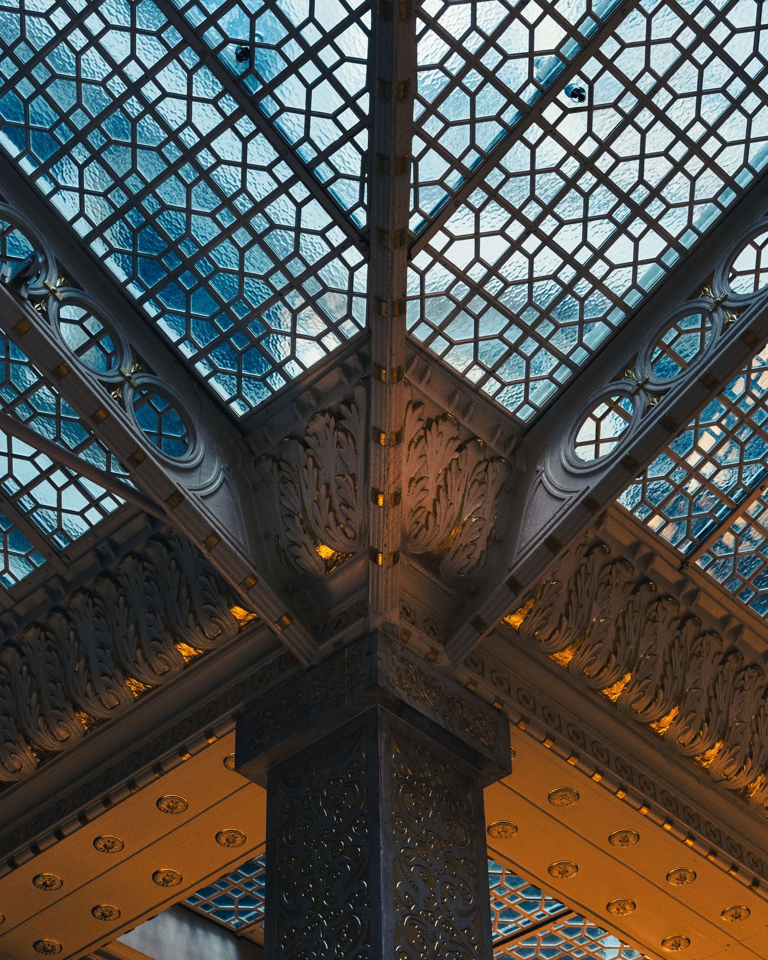 Ornate iron and glass architectural detail inside the historic Rookery Building in Chicago