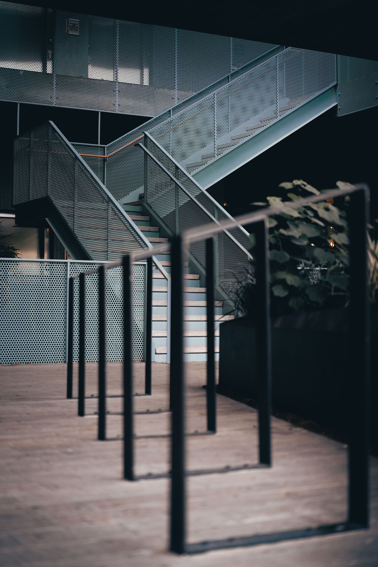 Geometric exterior staircase and walkway at the Chioco Design building in East Austin, Texas
