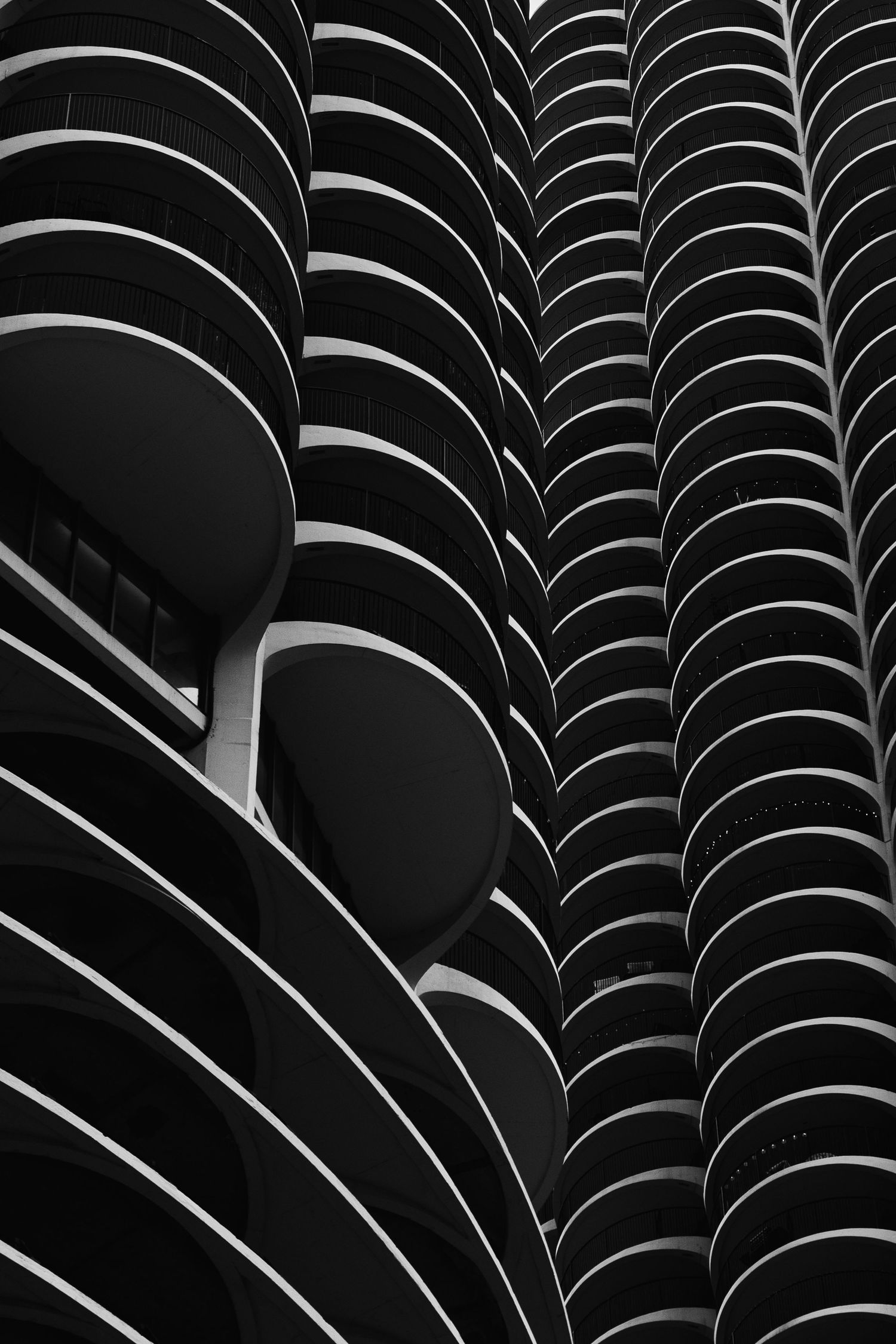 Black and white architectural detail of the curved balconies of Marina City in Chicago