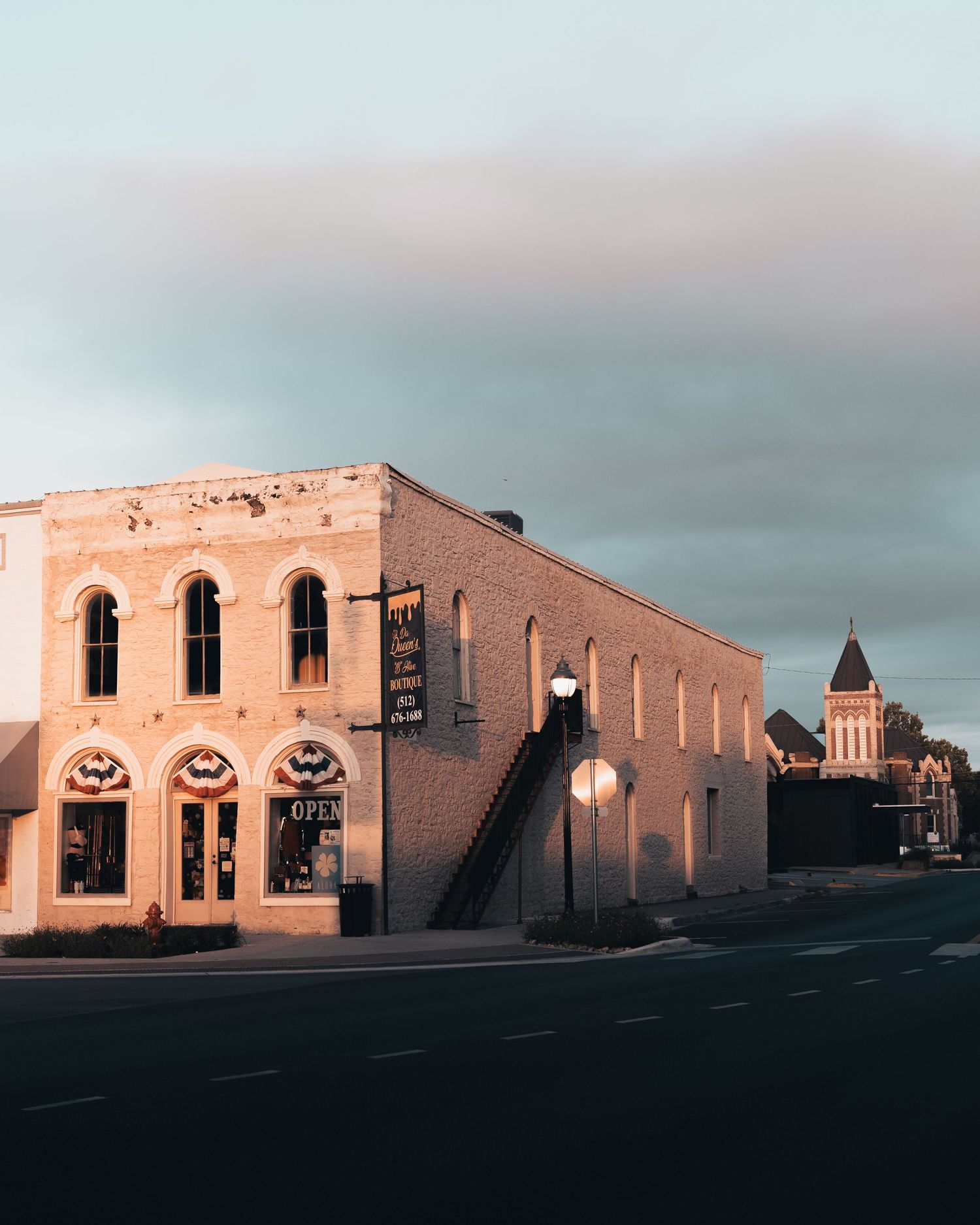 Historic downtown architecture illuminated by early morning light in Lockhart, Texas