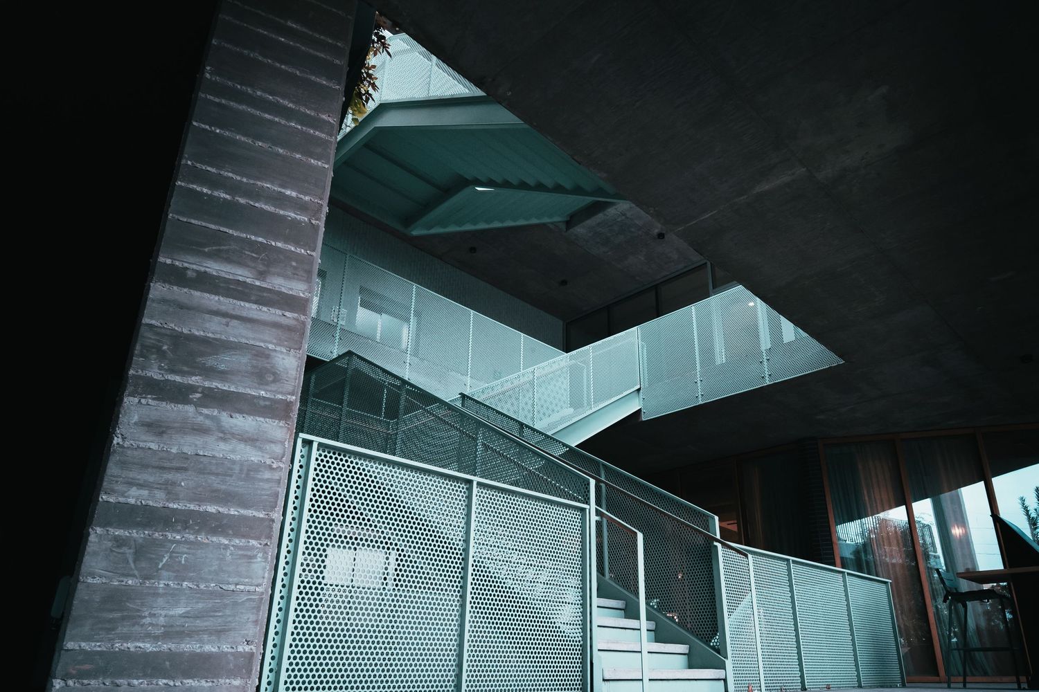 Modern concrete, glass and steel architectural details at the Chioco Design building in East Austin, Texas