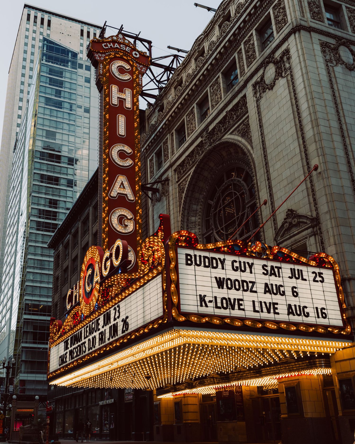 Historic Chicago Theatre marquee and architecture in downtown Chicago