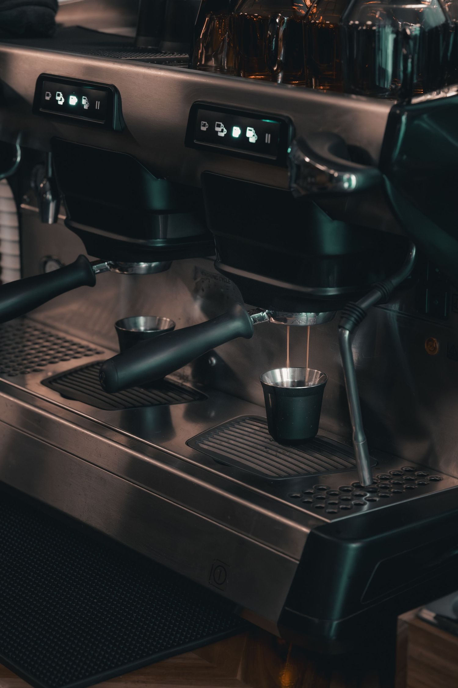 Espresso machine and coffee preparation at Klerje Coffee in East Austin