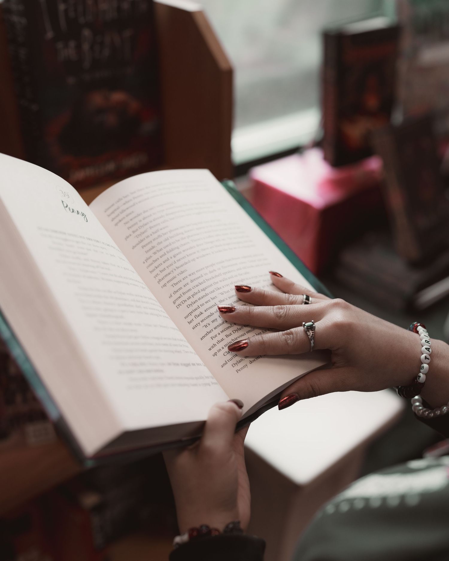 Close-up of a customer reading a book at BookPeople in Austin, Texas