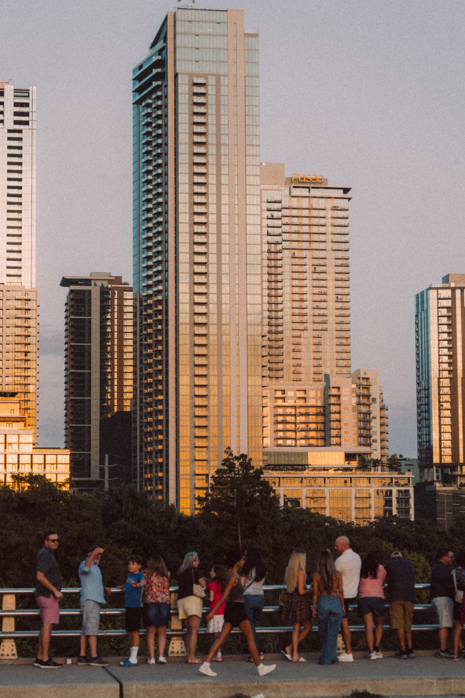 Austin skyline at golden hour viewed from Congress Avenue Bridge in downtown Austin, Texas