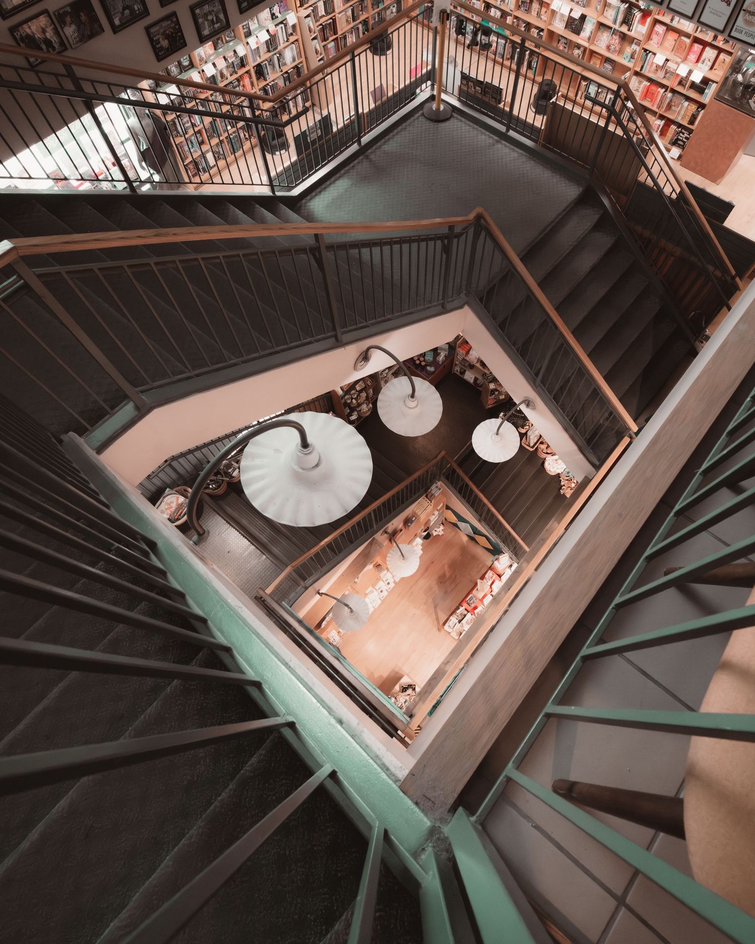 Geometric staircase and interior architecture at BookPeople in Austin, Texas