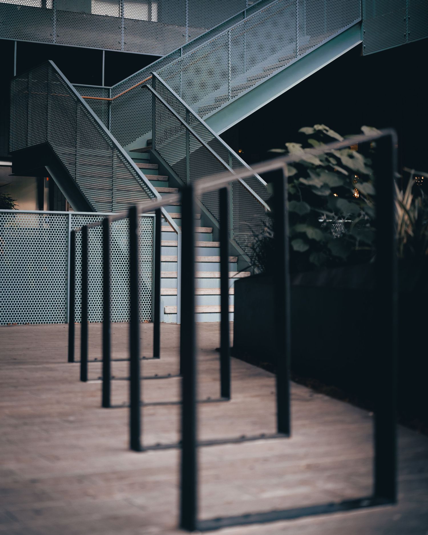 Geometric exterior staircases and architectural details of a Chioco Design building in East Austin, Texas