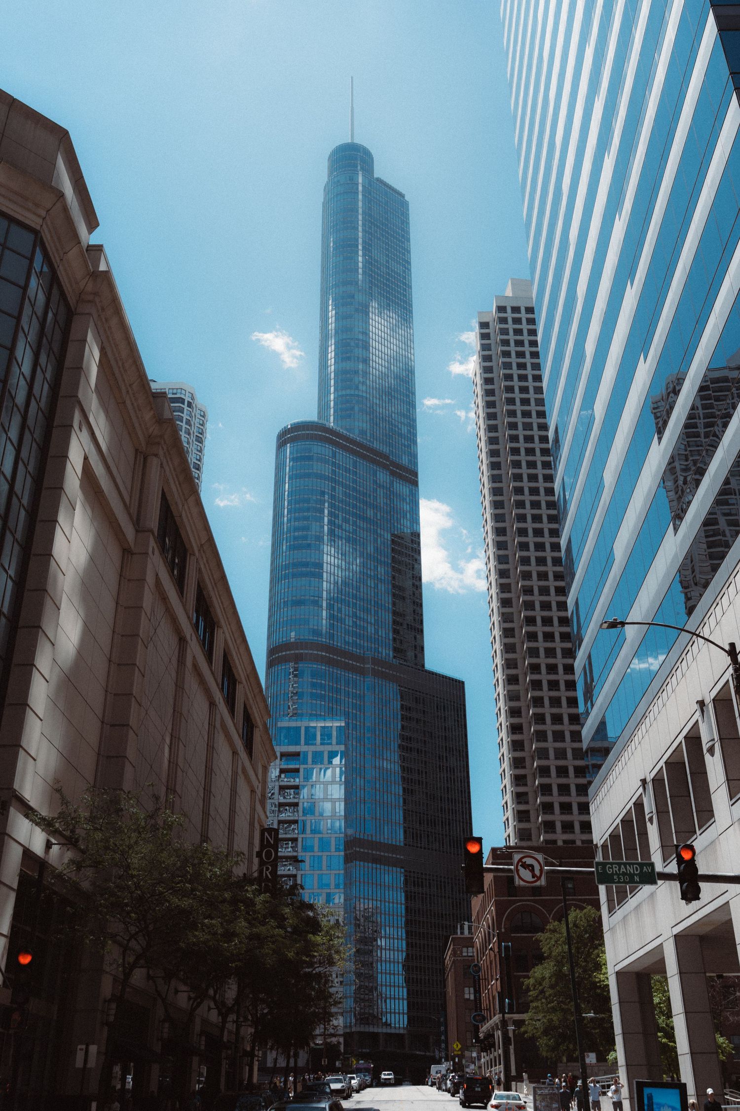 Street-level view of high rises rising above downtown Chicago