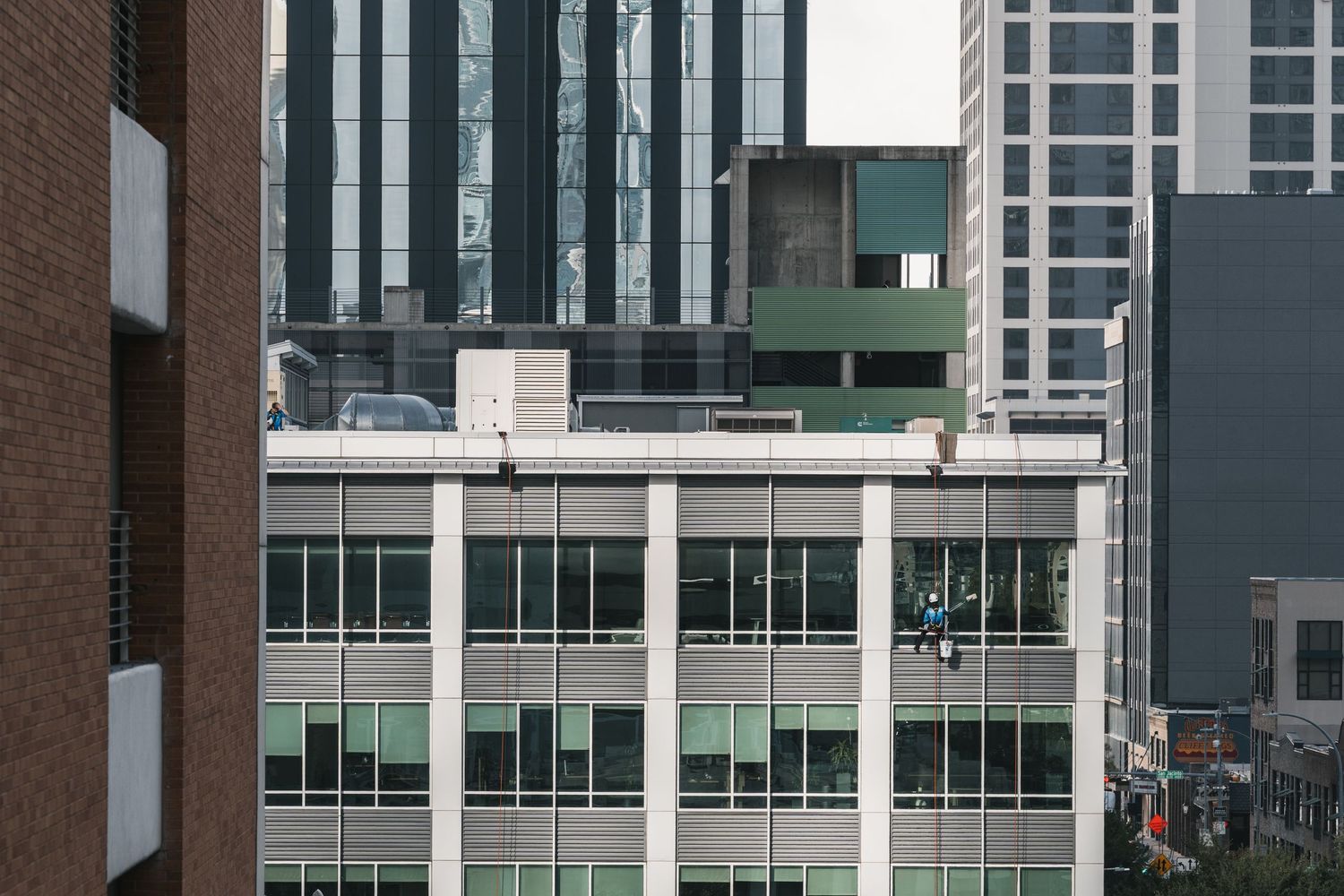 Layered modern architecture and urban facades in downtown Austin, Texas