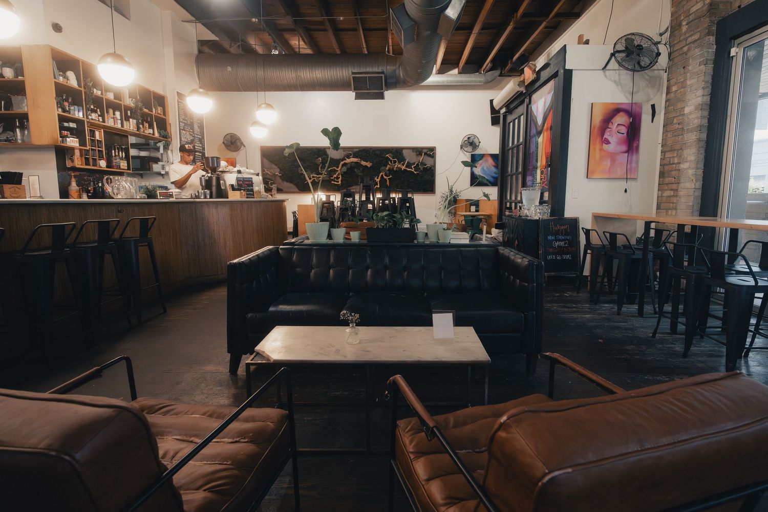 Interior of Halcyon Coffee, Bar & Lounge in downtown Austin, Texas