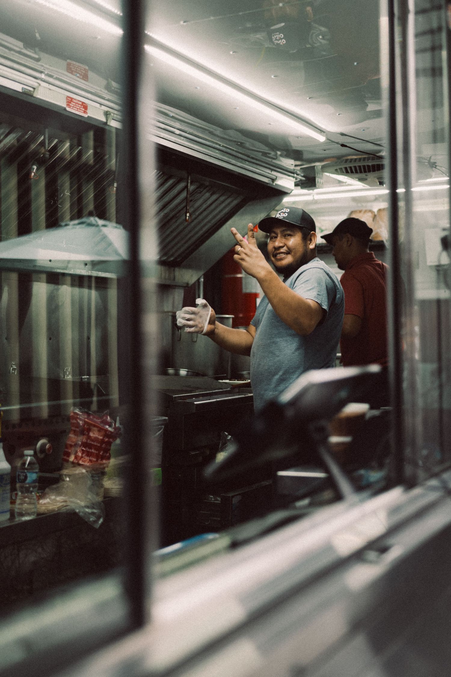 Candid scene inside a food truck in downtown Austin, Texas
