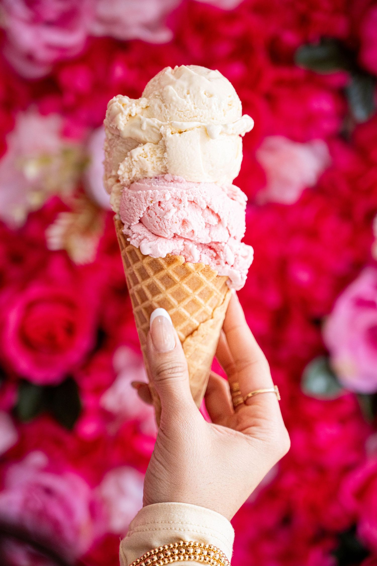 Hand holding a waffle cone with two scoops of vanilla and strawberry ice cream against a pink rose background.