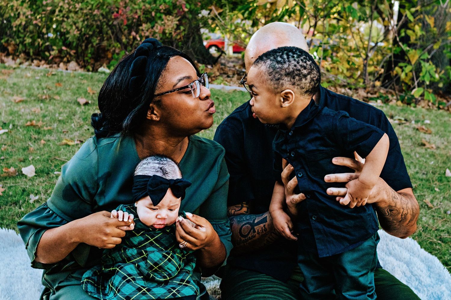 A collection of candid outdoor family moments showing affection and playful interactions in a garden setting.