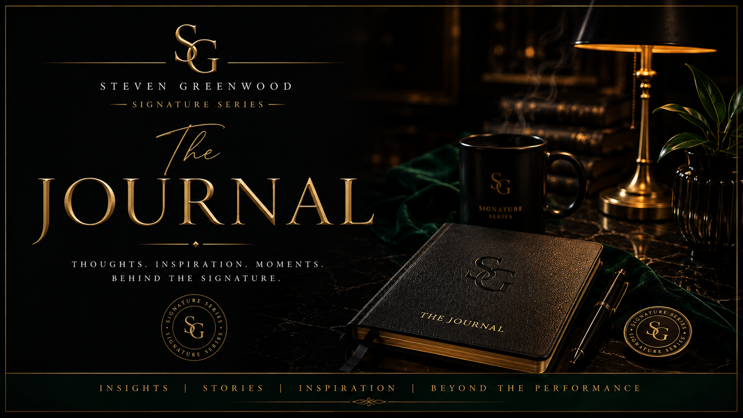 Steven Greenwood Signature Series The Journal promotional banner featuring a luxury dark green journal with gold accents.