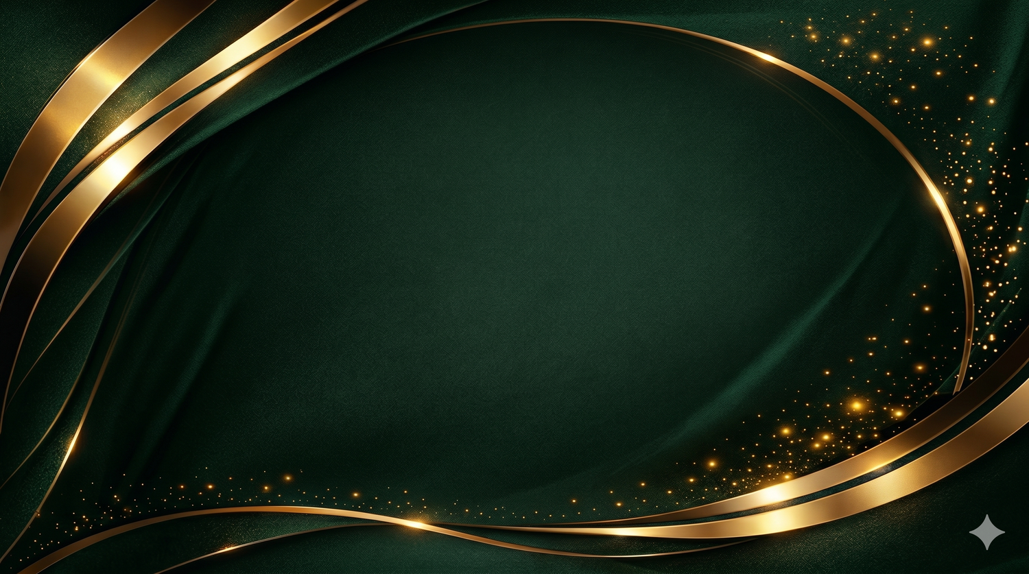 Elegant dark green background with gold curved lines and glitter accents for luxury design.