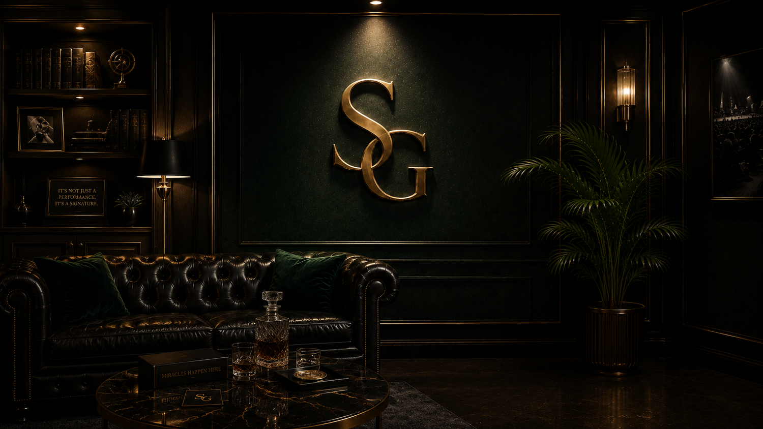 Luxurious dark green office lounge with gold SG monogram logo, tufted leather sofa, and elegant Art Deco decor.