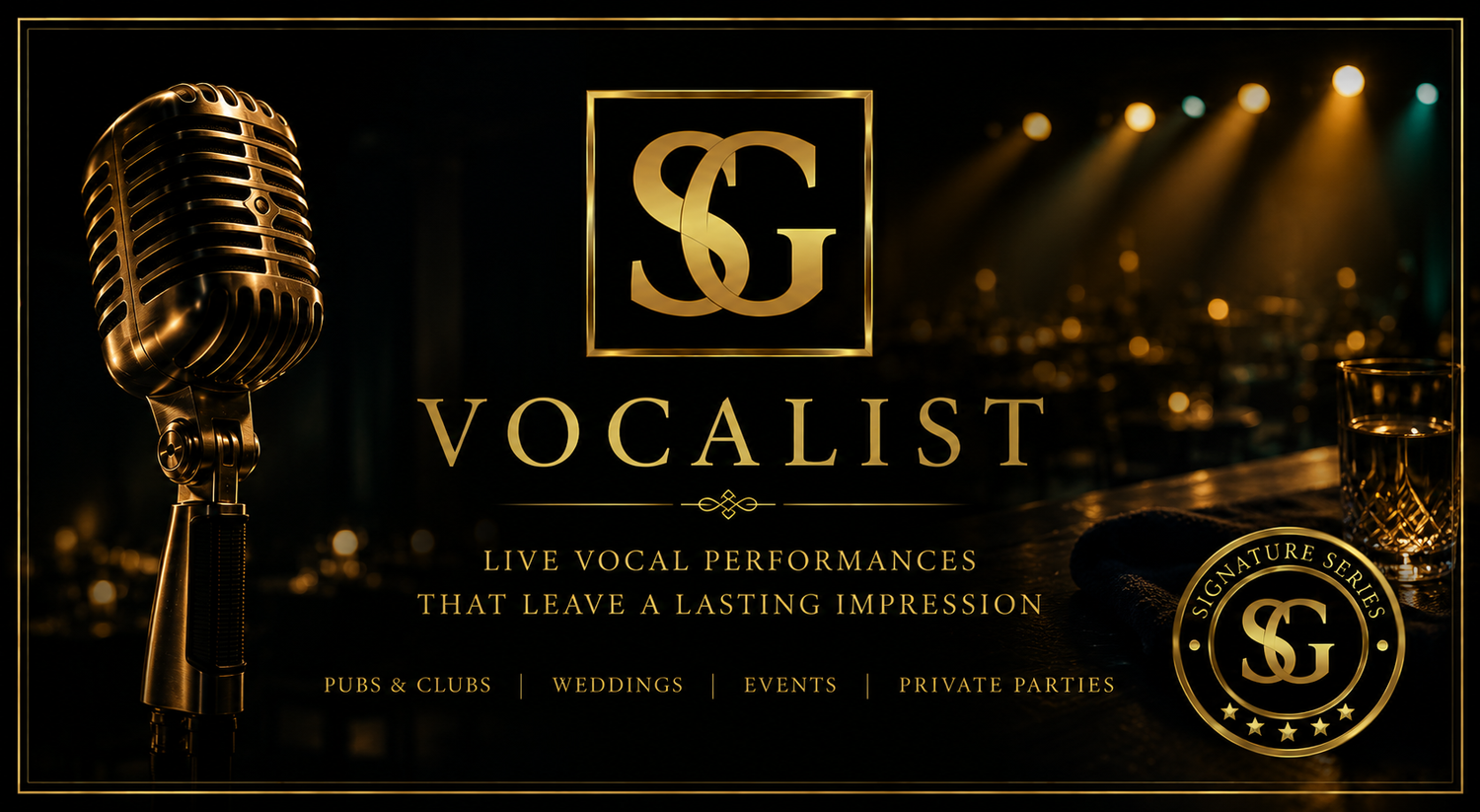 SG Vocalist promotional banner featuring a gold microphone, live vocal performances for pubs, clubs, weddings, events, and private parties.
