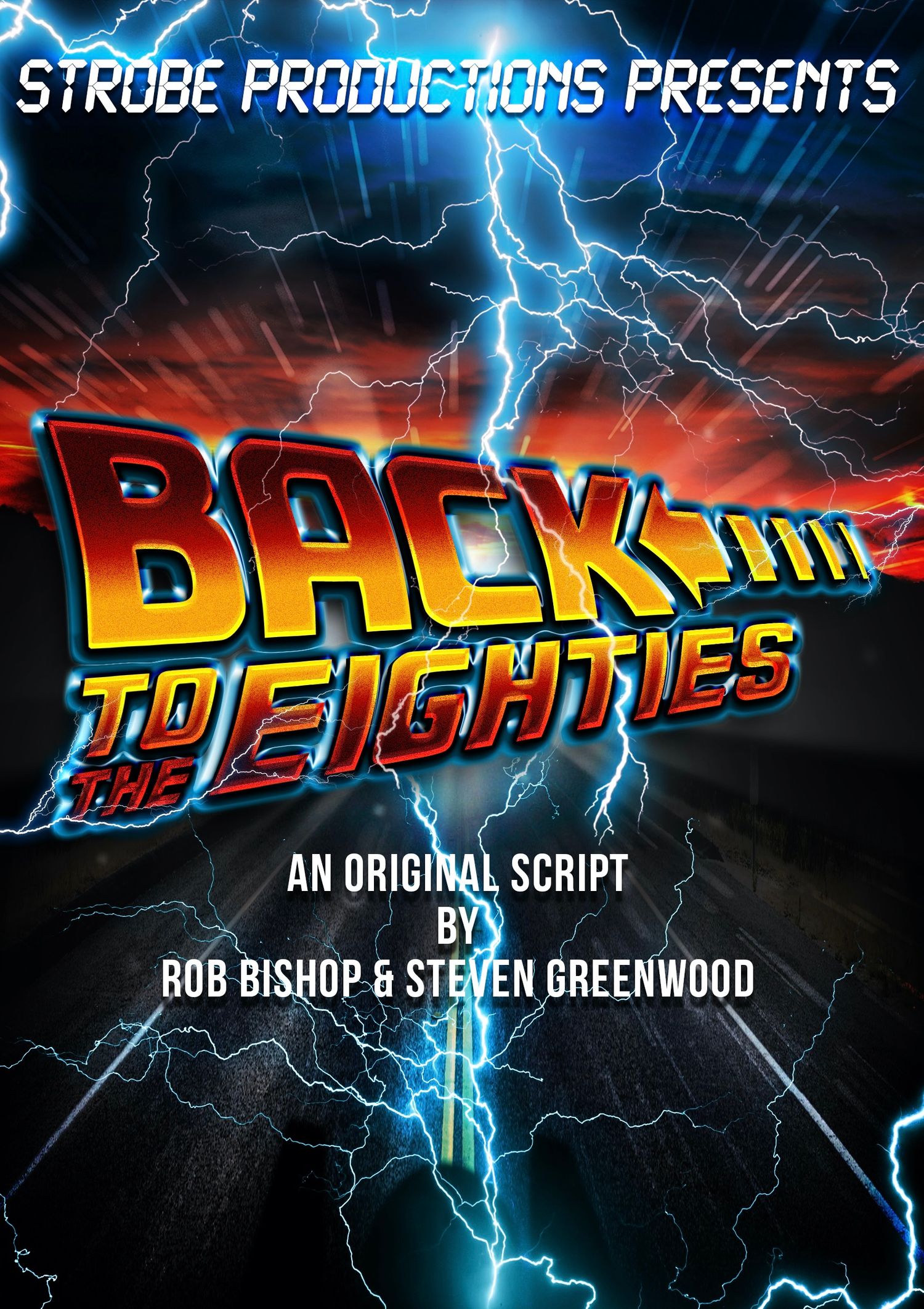 Retro-styled Back to the Eighties logo design with dramatic lightning effects and blue-red gradient.