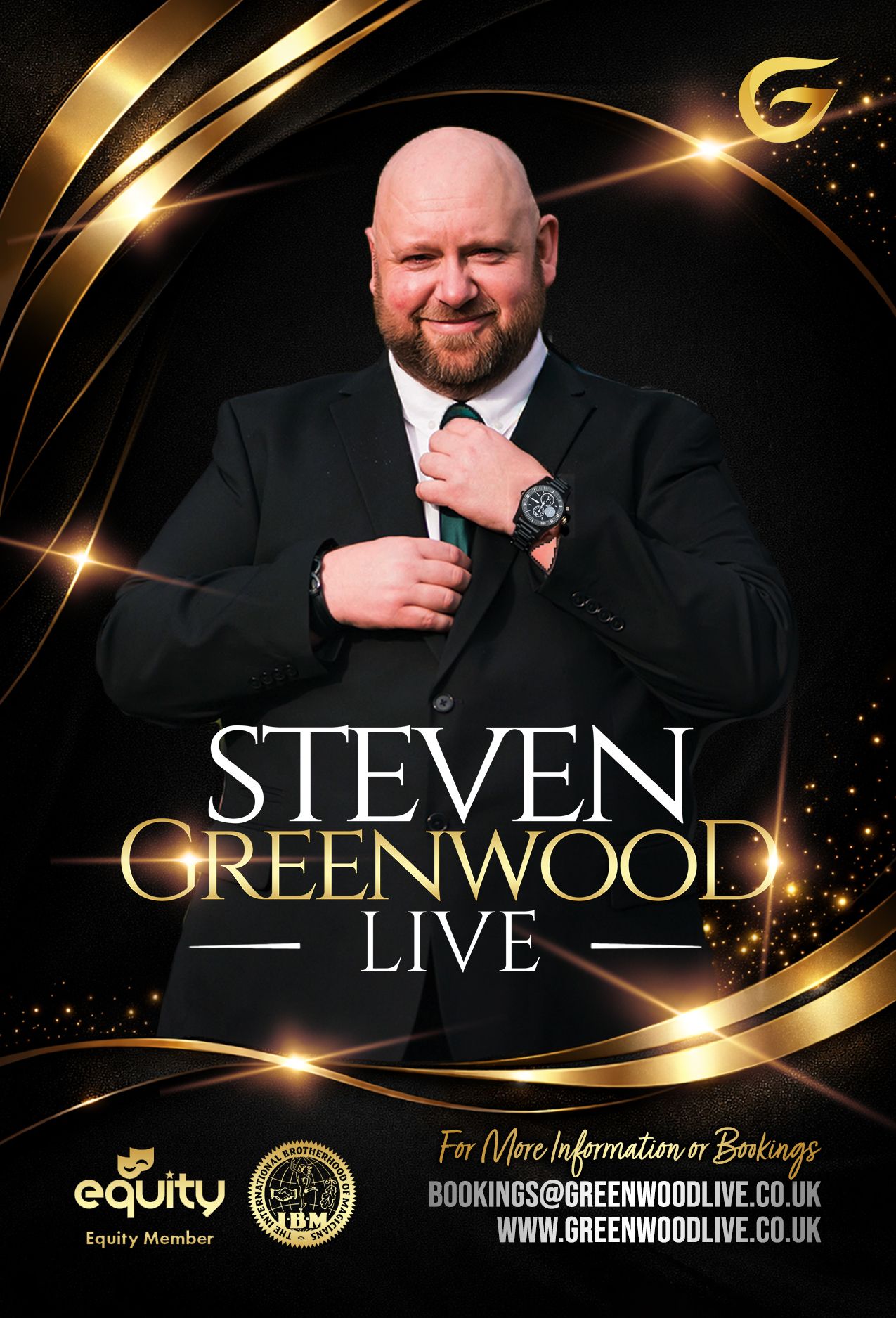 Professional marketing banner for magician Steven Greenwood with gold accents and contact information.