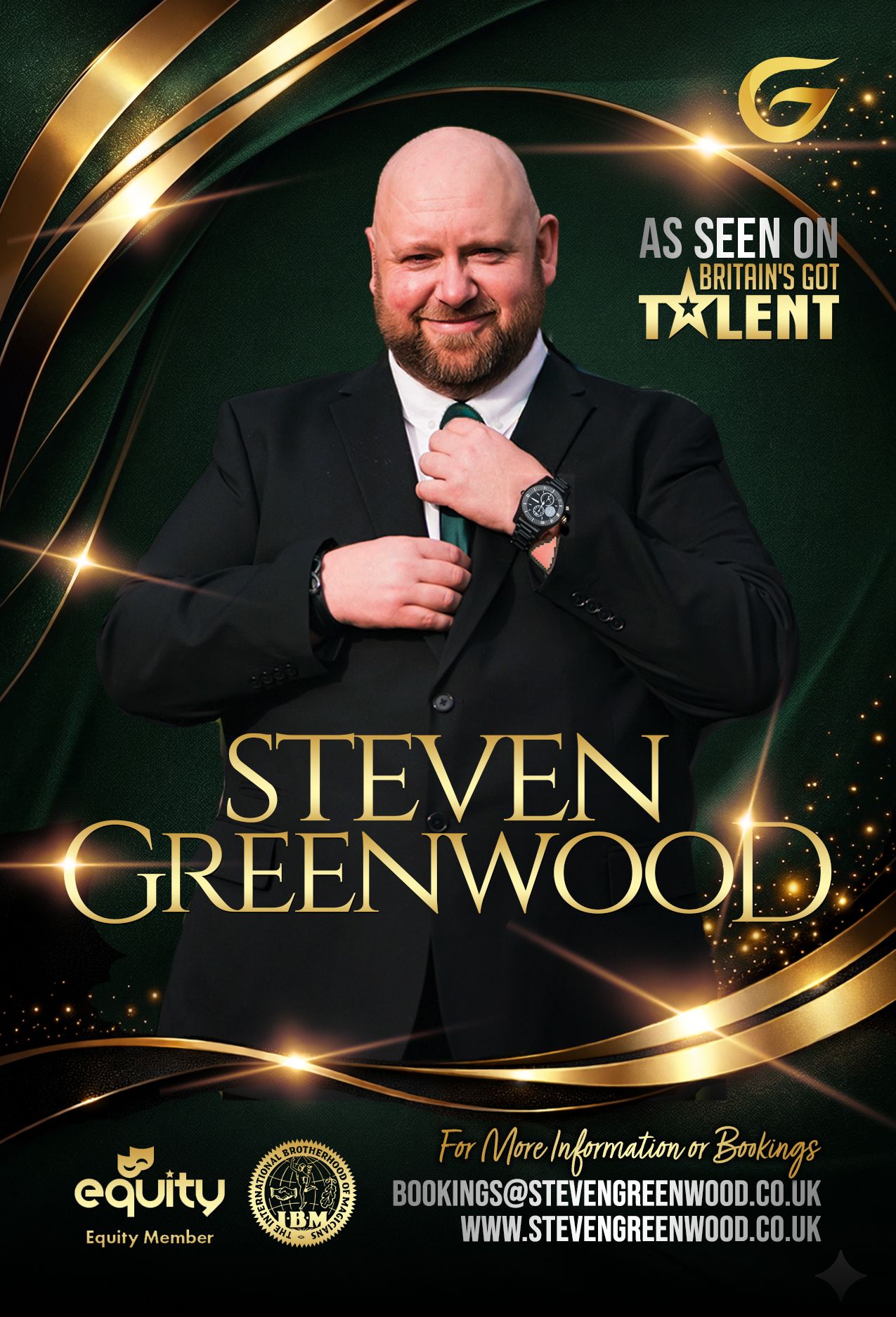 Steven Greenwood, Britain's Got Talent performer, poses in a black suit on a green and gold promotional poster.